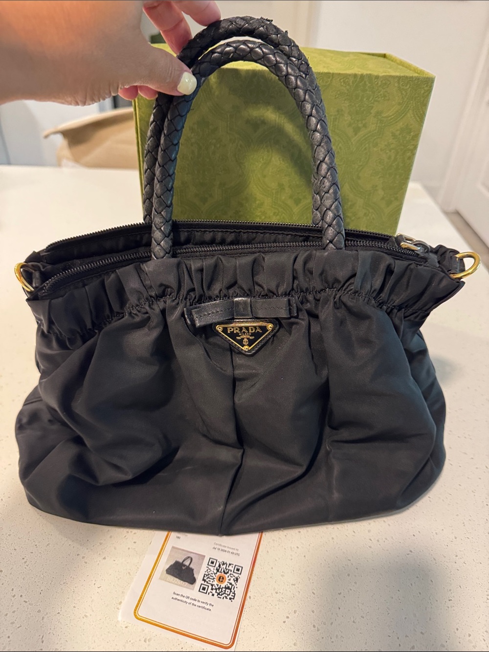 Prada Black Nylon Braided-Handle Shoulder Bag with Gold Hardware comes with COA - Picture 3 of 8